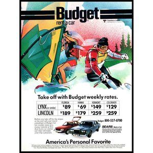 1985 Budget Rent a Car Vintage Print Ad Wind Surfing Skiing Drawing Wall Art